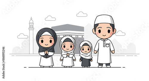 Muslim family standing together in prayer near a mosque.