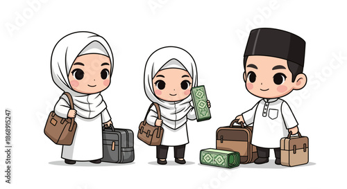 Cartoon Muslim family with luggage and money, traveling together happily.