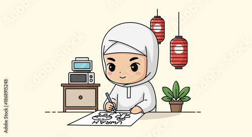 Young Muslim girl in hijab working on a craft project at home.