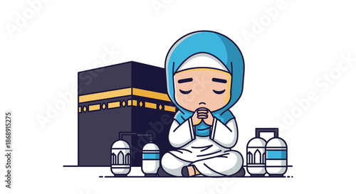 Muslim woman praying near the Kaaba during Hajj pilgrimage.