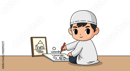 A young Muslim boy engaged in drawing activity.