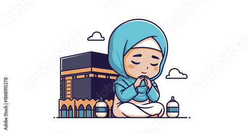 Young Muslim girl praying near the Kaaba in Mecca during Ramadan.