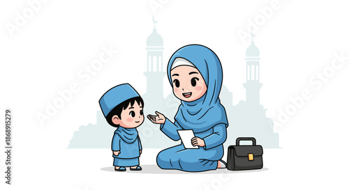 Mother and child in traditional Islamic clothing interacting together.