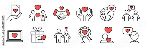 Community Trust Hand, Social Heart Doodle Line Icon, Charity, Community, Partnership, Care, People Solidarity, and Help Concept Icon Set, Hand-Drawn Sketch Style Vector Illustration 