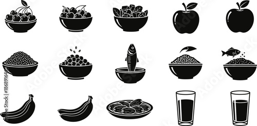 Black and white fruit and drink icons
