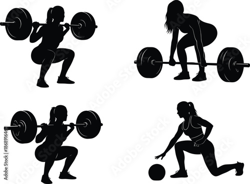 Female fitness silhouettes engaging in various weightlifting exercises