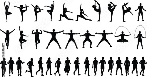 Collection of diverse human silhouettes in various poses and actions