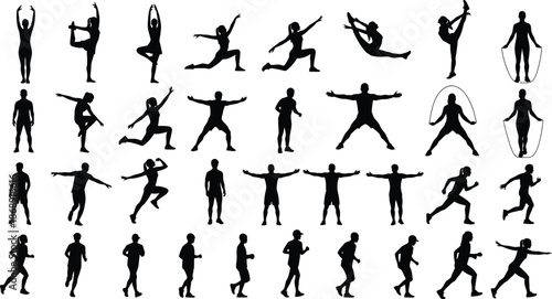 Collection of human silhouettes in various dynamic poses and movements
