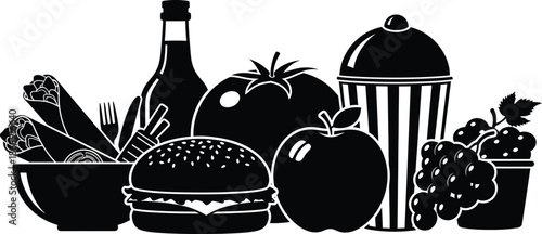 Fresh food and drink illustration with fruits and meal