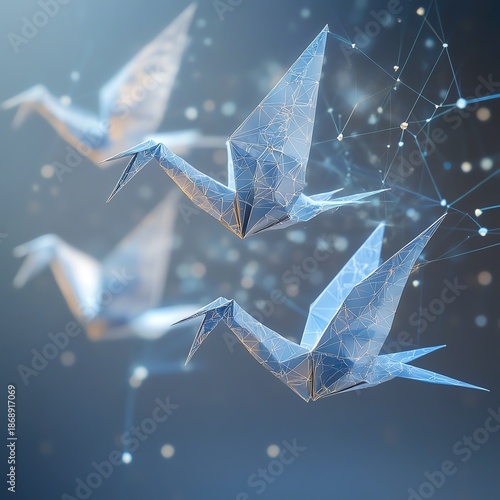 Network of Paper Cranes Connected by Data Streams, Merging Origami Artistry with Business Intelligence Concept high resolution   for isolate image