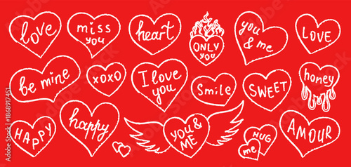 Hand drawn chalk heart set with handwritten romantic phrases. Soft textured hearts in chalk and pastel pencil style with sketchy lines. Vector illustration isolated on red background.