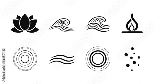 Elemental Symbols - Lotus, Waves, Fire, Air, and Earth.