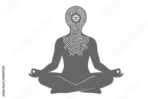 Modern Meditation and Mindful Living Vector. Black and White Human Silhouette with Geometric Brain Maze and Flower. Mental Health Icon.