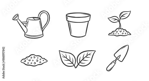 Gardening Essentials - Watering Can, Pot, Seedling, Soil, Leaves, and Trowel.