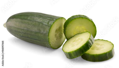 Cucumber and slices isolated on white background.