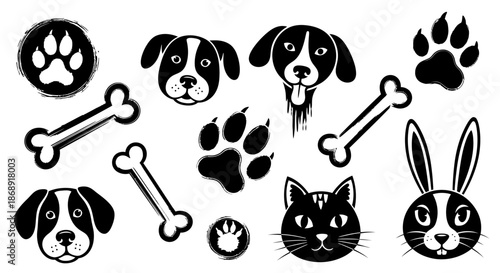 Grunge style pet animal illustrations set with paws and bones.