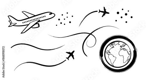 Hand drawn airplanes and earth globe travel doodles.