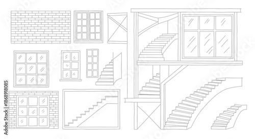 Hand Drawn Architectural Elements Set with Stairs and Windows.
