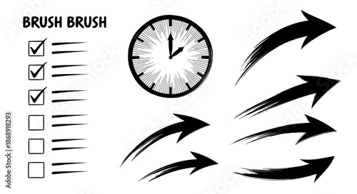 Hand drawn brush stroke arrows clock and checklist set.