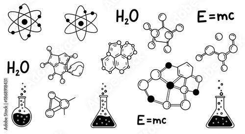 Hand drawn chemistry and physics doodles with atoms molecules and flasks.