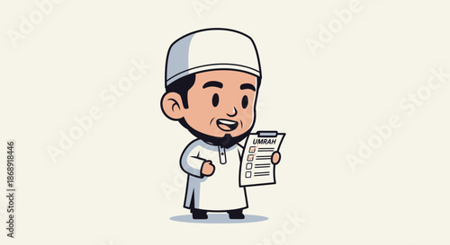 Cartoon Muslim man holding a document and smiling.