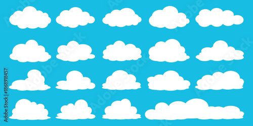set of vector illustrations of clumpy clouds, cloud bubbles in flat style on a blue background	

