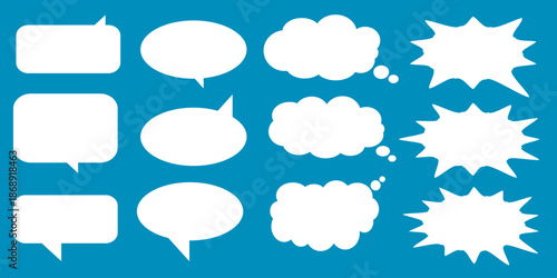A set of chat box designs for comments on social media or comics. Vector designs of speech bubbles, text boxes, and conversation chat columns in comics.