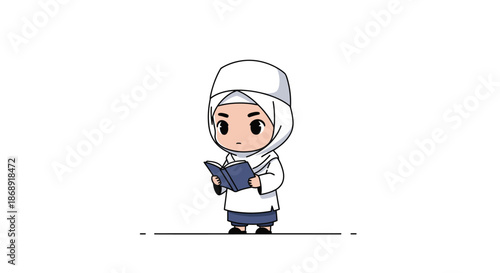 Young Muslim student reading holy book, cute cartoon illustration of Islamic education and culture