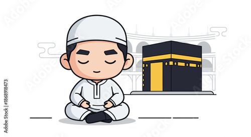 Cartoon Muslim boy praying or meditating with Kaaba. Islamic spirituality, devotion, and Hajj concept illustration.