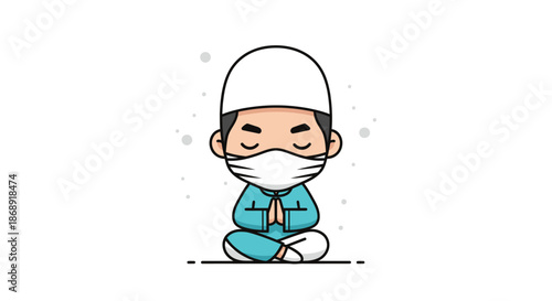 Cute cartoon Muslim boy in face mask and kufi, sitting in prayer or meditation pose. Islamic spirituality illustration.
