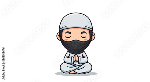 Cute Cartoon Muslim Man Praying with Face Mask Vector Illustration