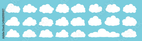set of vector illustrations of clumpy clouds, cloud bubbles in flat style on a blue background	
