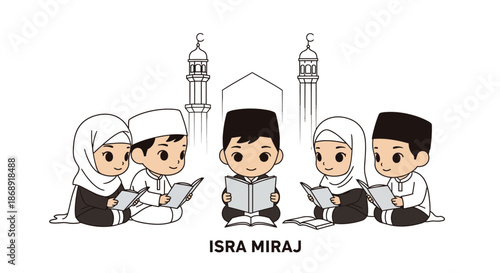 Cute Muslim Children Reading Books with Mosque for Isra Miraj Celebration