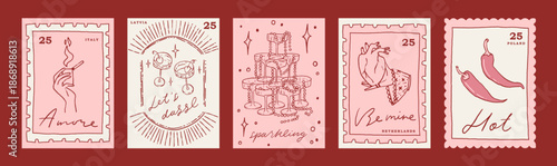 5 Valentines postage stamp card collection. Cute Valentine's day print, poster trendy whimsical line art design set. Fun pink wall art collection. Vector stamp for love letter, hand drawn illustration
