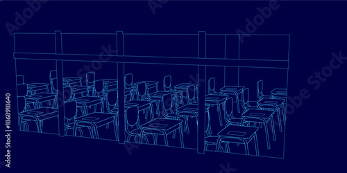 A clean contour line drawing of a well-organized classroom features neat rows of desks and chairs against a deep blue background.