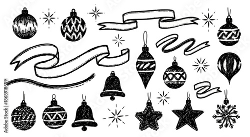 Hand drawn Christmas decorations set with ornaments and ribbons.