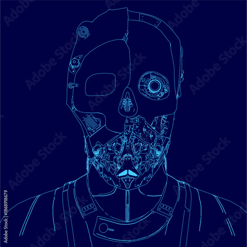 A cyborg man with a human head contour wears a blue skull mask against a dark robotic background.