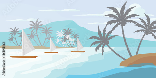 Beach scene illustration with flat style design, beach and coconut tree in cartoon style