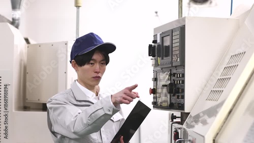 工場の操作盤の前で働く男性作業員