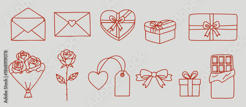 A collection of outline icons depicting various romantic and celebratory items such as envelopes, gift boxes, roses, and chocolate, perfect for Valentine's Day.