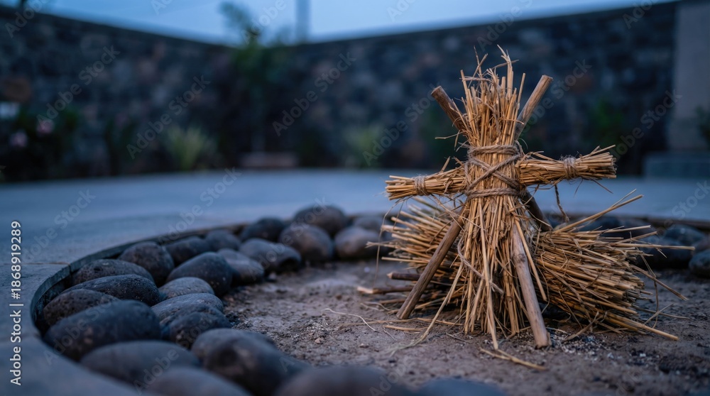 Fototapeta premium Holi celebration includes Holika bonfire made of straw in a traditional setting during the festival time