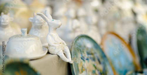 Ceramic dishes, tableware and jugs sold on Kaziuko muge or Kaziukas spring fair, traditional Easter market in Vilnius, Lithuania