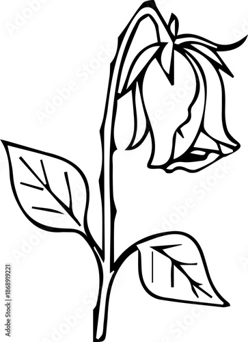 A black and white line drawing of a single wilting rose with its head drooping downwards, showing a stem with thorns and two leaves.