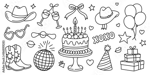 A black and white illustration of various party objects and symbols for a birthday celebration