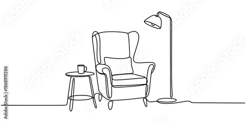 A minimalist line drawing of a cozy reading nook with a comfortable armchair, side table, and floor lamp.