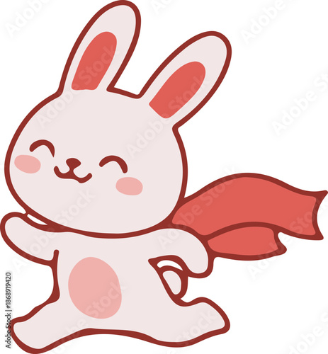 A cute cartoon pink rabbit with a red cape, smiling happily while running or leaping forward, on a white background.