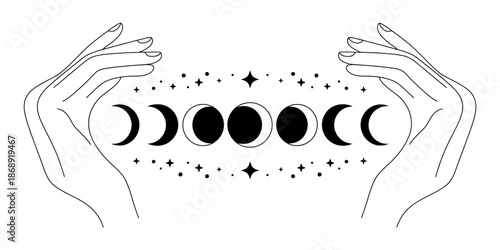 A minimalist line art illustration of hands cradling the phases of the moon with stars