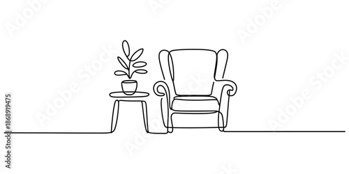 A simple line drawing of a comfortable armchair with a potted plant on a side table