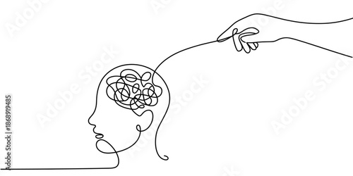 A minimalist line drawing of a person's head with a hand controlling their thoughts.