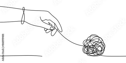 A hand holding a tangled ball of string in a simple line drawing.